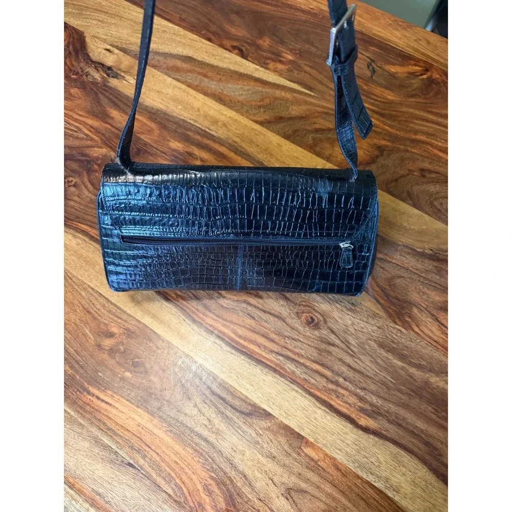 Etienne Aigner Black Croc Embossed Leather Baguette Shoulder Bag Silver Hardware